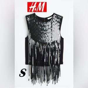 NWT - H&M, Sequin Tassel/Fringe Sleeveless Crop Top - Black. Size: S